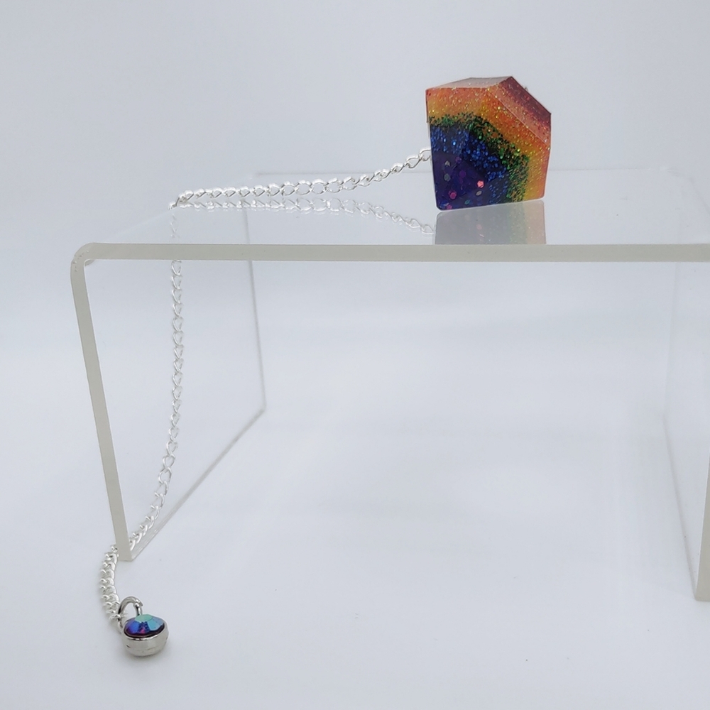 Rainbow sparkled handcrafted resin dowsing pendulum silver tone chain